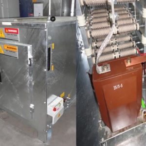 On the left is a metal electrical panel with warning labels; on the right are internal parts—like coils and a 2515-5 brown box—used in Two Sets of New Natural Grounding Resistors Suitable For a Power Plant.