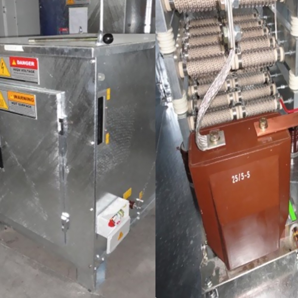 On the left is a metal electrical panel with warning labels; on the right are internal parts—like coils and a 2515-5 brown box—used in Two Sets of New Natural Grounding Resistors Suitable For a Power Plant.