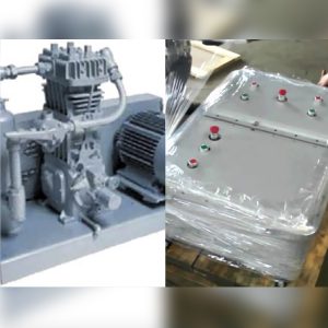 A split image displays a CORKEN LPG Pump (37 kWe) and Compressor for LPG Offshore Storage Tanks, alongside a gray control panel with red and green buttons used in such systems.