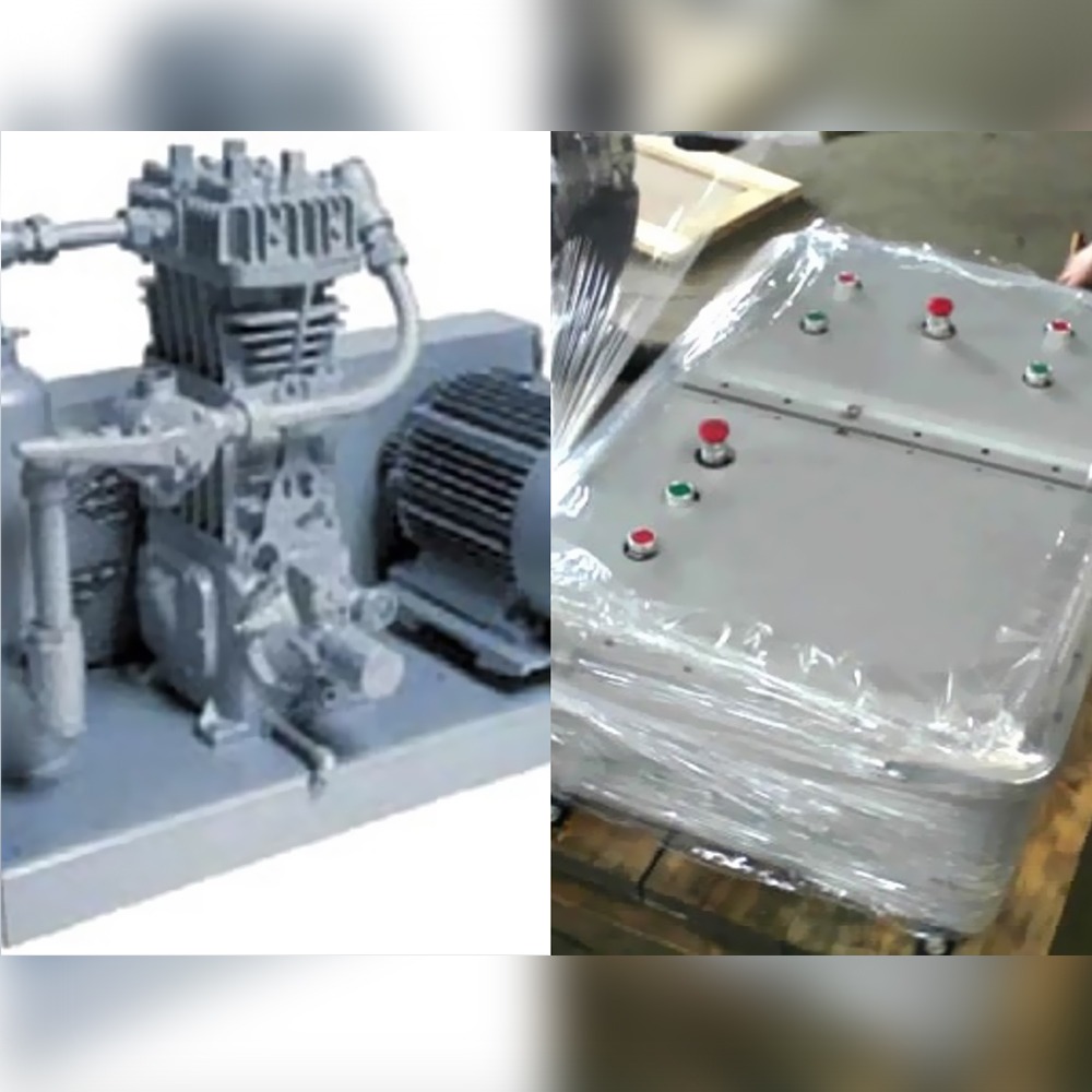 A split image displays a CORKEN LPG Pump (37 kWe) and Compressor for LPG Offshore Storage Tanks, alongside a gray control panel with red and green buttons used in such systems.