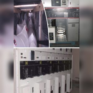 Collage of three industrial images: large white bags in storage, an electrical panel with cables, and switchgear cabinets at a Taurus 60 GTG Plant using the MV Complete System for a Taurus 60 GTG Plant.