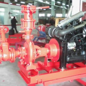 The Diesel Engine Driven Fire Fighting Pump and Jokey Pump System (114 m3/h) was supplied to an international client, featuring red pipes and valves on a metal frame, installed inside a factory or workshop.