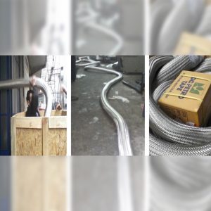 Three images show a person handling Offshore Stainless Flexible Hoses (24 barg, dia: 6 and 4) for a barge mounted LPG Storage Tank, a long metal hose on the ground, and a coiled hose beside a Super Tape box.
