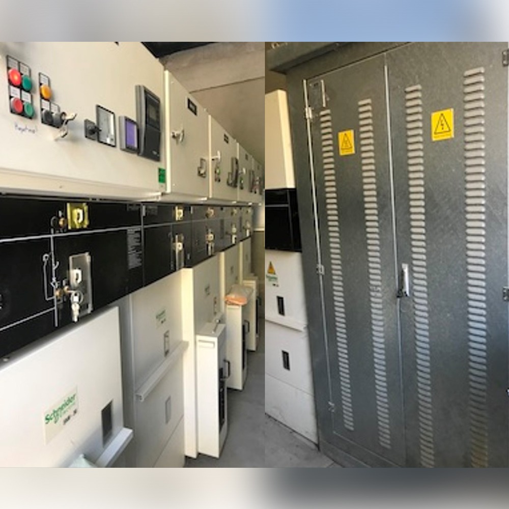 Schneider Medium Voltage Switchgear VCB Cubicle Systems (34.5 kV) from a 2000 kVA plant—equipped with warning signs, buttons, switches, and displays—are essential components in heavy industry environments. Installed indoors, these panels provide reliable control and safety for complex operations such as gas turbine systems.
