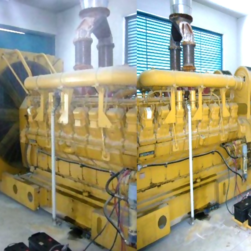 A 1 Set of CAT 3516 2500 kVA genset, yellow and multi-cylinder, is installed indoors near a blue door and window; metal pipes run from the top of the genset to the ceiling.