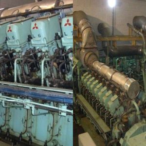 Two 5 MWe HFO Diesel Engine (16KU30A) units for a power plant are shown indoors—one features the Mitsubishi logo on its cylinder covers, while the other is surrounded by pipes and platforms in an industrial setting.