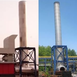 Side-by-side photos show tall chimneys on metal frames, part of the Complete Power Plant BOP (2 phases) (Solar Taurus 60 GT). The left chimney is discolored and worn, while the right is clean, set against greenery and blue sky.