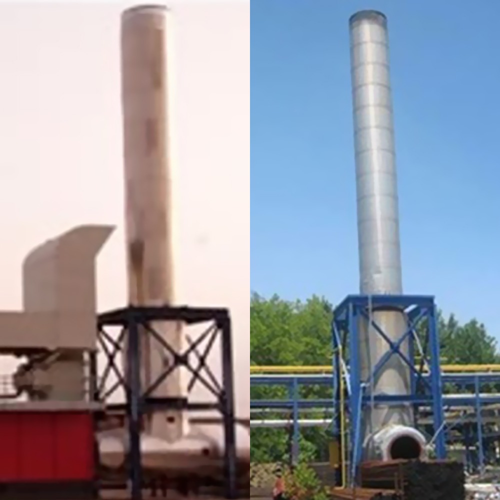 Side-by-side photos show tall chimneys on metal frames, part of the Complete Power Plant BOP (2 phases) (Solar Taurus 60 GT). The left chimney is discolored and worn, while the right is clean, set against greenery and blue sky.