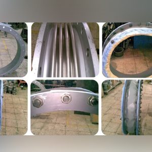 A collage of six close-up images displays various angles and details of the Metallic and Fabric Compensator for Power Plant BOP (Solar Taurus 60 GT), showing bolts, flanges, interior tubes, and edges on a workshop floor.