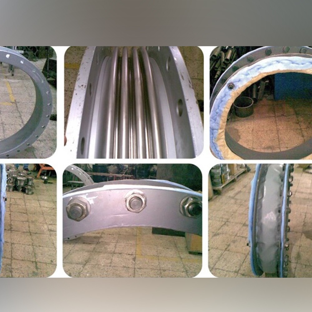 A collage of six close-up images displays various angles and details of the Metallic and Fabric Compensator for Power Plant BOP (Solar Taurus 60 GT), showing bolts, flanges, interior tubes, and edges on a workshop floor.