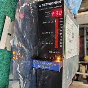 A close-up of a refurbished Det-tronics EAGLE QUANTUM LOCAL CONTROL UNIT EQ2100LC LOGIC CONTROLLER shows a red F30 fault code on its display, with indicator LEDs lit and a blue Eagle Quantum Gateway label, commonly used in LM6000 gas turbine applications.