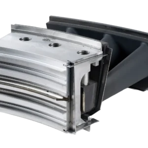 A close-up of two metallic turbine blades with curved, aerodynamic surfaces and precise details—one displays an internal cooling channel—ideal for 9E - Refurbished Stock Frame 9E Capital Parts applications.
