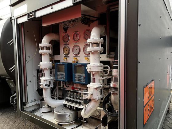 Close-up of the Available Refueller Refueler Tank 10000 m3’s industrial control panel, showing multiple gauges, valves, pipes, and digital displays used to monitor and control fluids in the 10000 m3 capacity system.