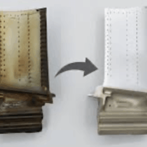 Two identical HPT blades (PN 2100M96P05, Qty 80 with 15730 CR) are shown side by side; the left is discolored and burnt, while the right is clean and restored. An arrow between them indicates transformation or cleaning.