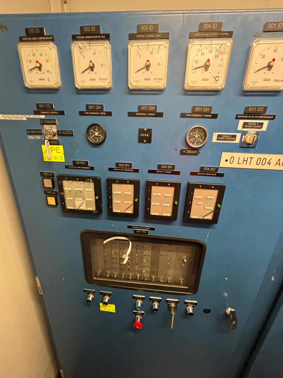Blue industrial control panel with analog gauges, switches, indicator lights, and dials. Labels and numbers are visible above each instrument. Wires are seen behind a transparent section near the bottom.