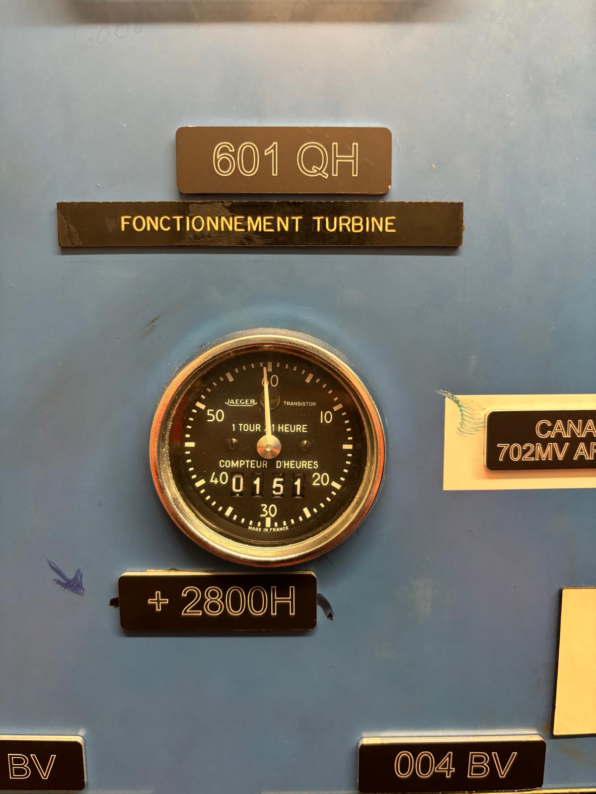 A black analog hour meter showing 2800 hours, installed on a blue panel labeled 601 QH and FONCTIONNEMENT TURBINE. Other small labels surround the meter.