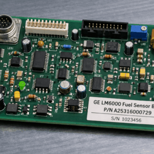 Four new OEM GE Gas Fuel Sensor Electronic Boards, labeled GE LM6000 with electronic components and connectors, are displayed on a brushed metal surface. Ideal for applications needing reliable electronic boards.
