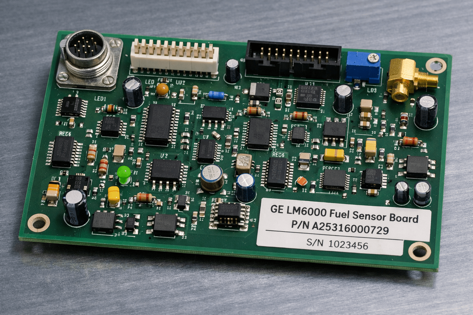 Four new OEM GE Gas Fuel Sensor Electronic Boards, labeled GE LM6000 with electronic components and connectors, are displayed on a brushed metal surface. Ideal for applications needing reliable electronic boards.