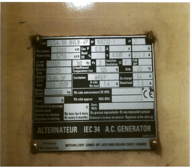 A metallic nameplate on a machine displays technical specifications for an alternator, including voltage, power, current, speed, insulation class, and manufacturer details in a tabular format.