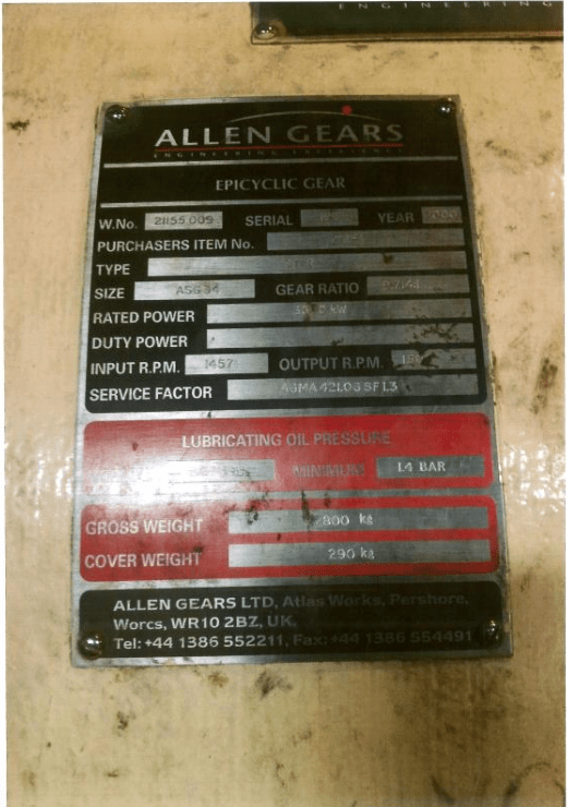 A metal nameplate for an Allen Gears epiccyclic gear unit, showing technical details like serial number, gear ratio, rated power, and weight. Text fields are engraved or filled in, with some fields left blank or faded.
