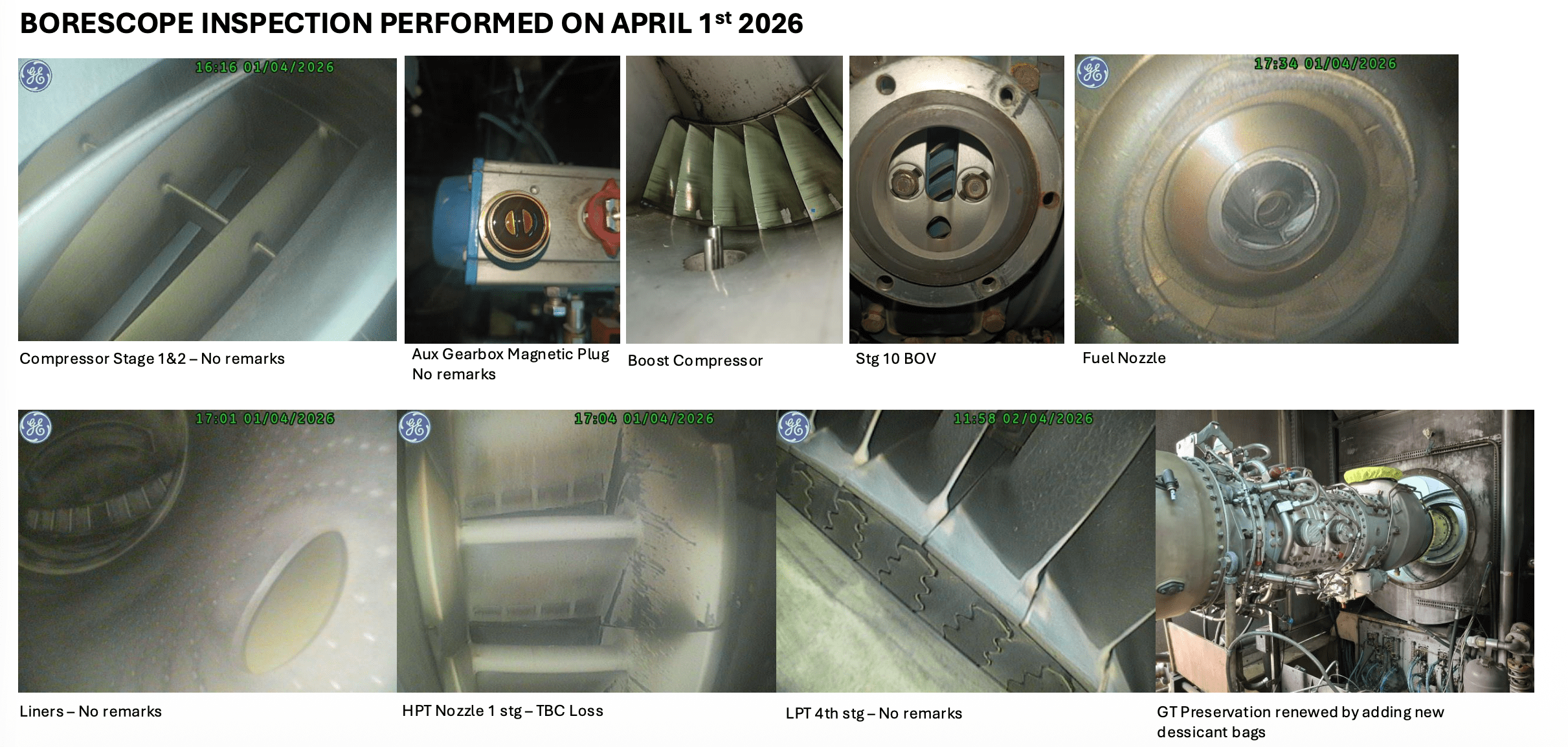 A series of eight endoscopic images and overview photos show various gas turbine components, each labeled with inspection results, mostly stating “No remarks,” from a borescope inspection performed on April 1st, 2026.