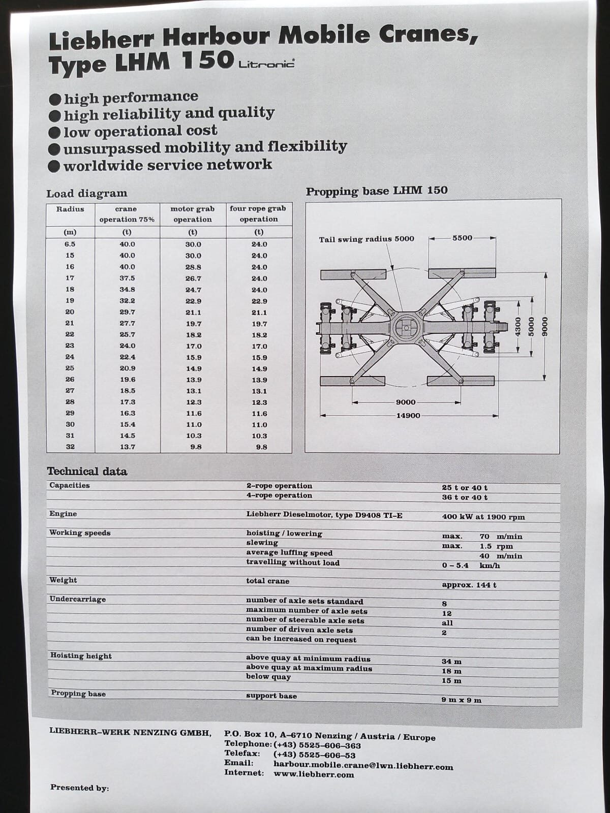 Technical datasheet for Liebherr Harbour Mobile Crane Type LHM 150, showing a technical table, performance specifications, and a diagram of the crane’s load chart and outrigger placement.