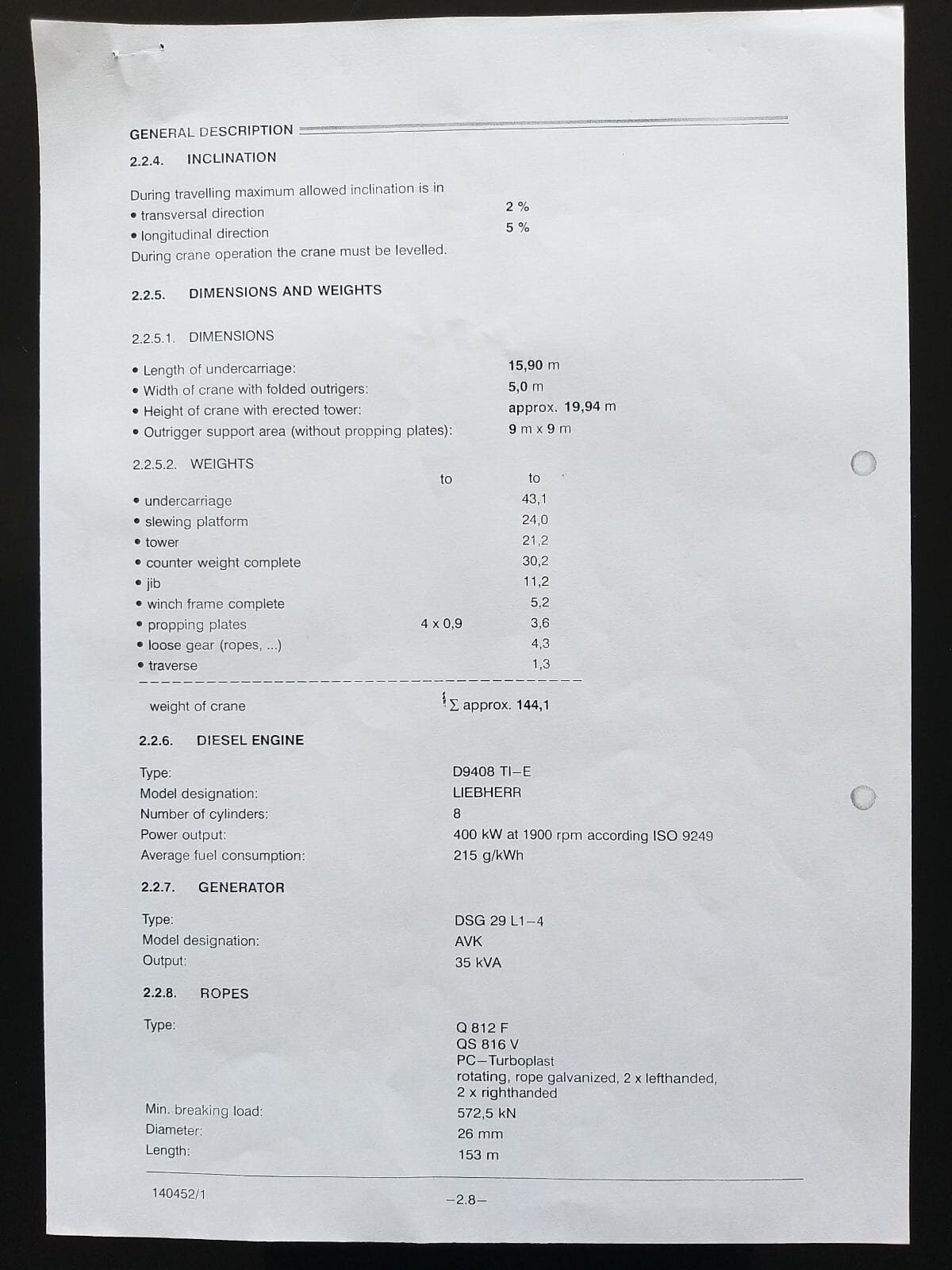 A technical document with specifications for a vessel, listing dimensions, weights, engine details, capacity, classification, and ropes. The text is typed on a white sheet of paper on a black surface.